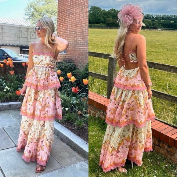 Zimmermann Dresses & Skirts - RARE  Zimmermann Laurel Lace Up Floral Pink Frill Maxi  Dress Size AU3/L